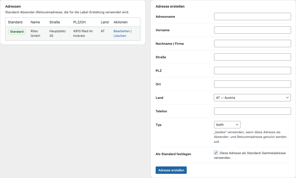 Adressenverwaltung im Etiketto-Backend