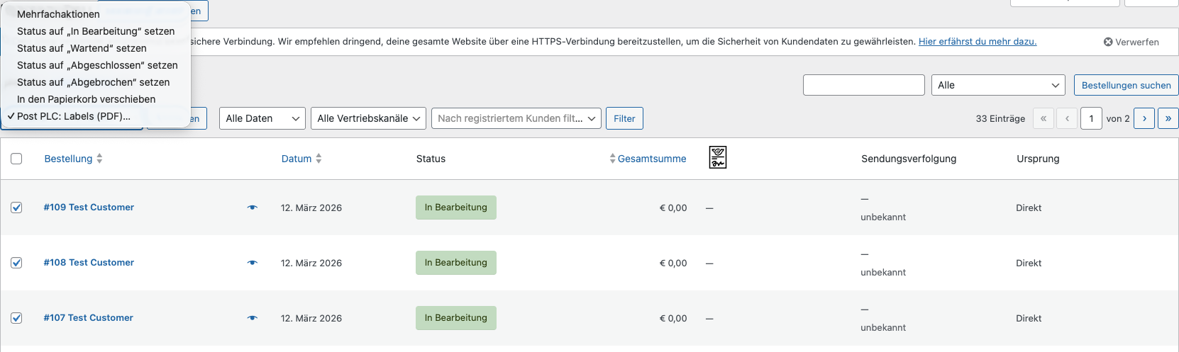 Massendruck im WooCommerce-Backend