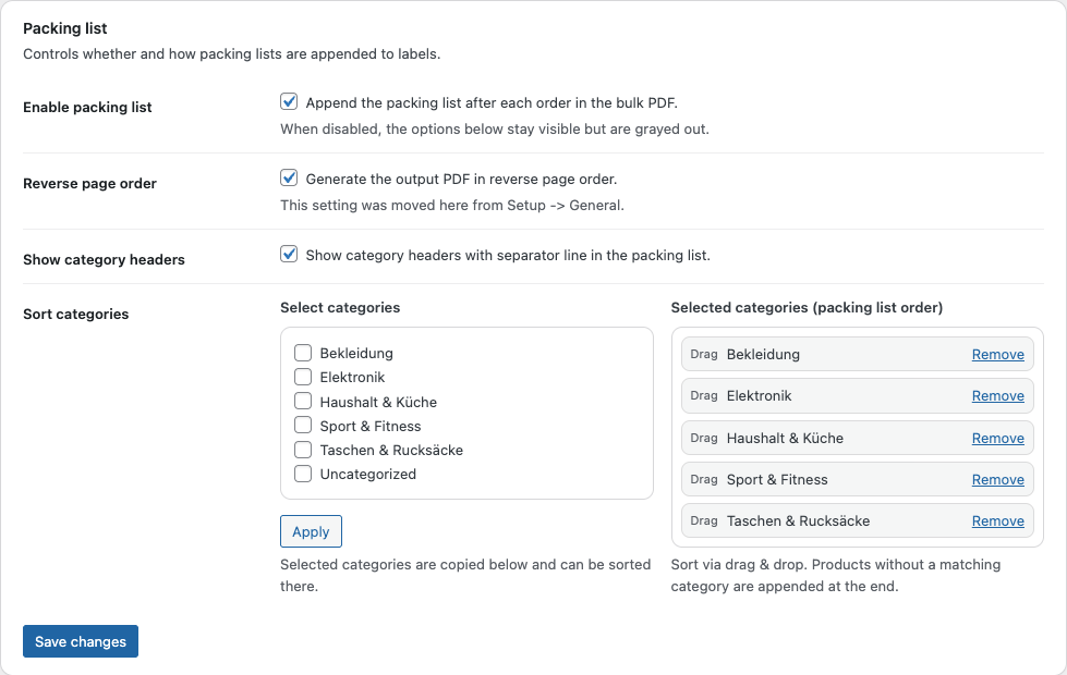 Packlisten-Einstellungen für den Druckablauf